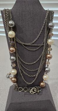 Silver Chain W/White Gray Round Beads Multi Strand Necklace